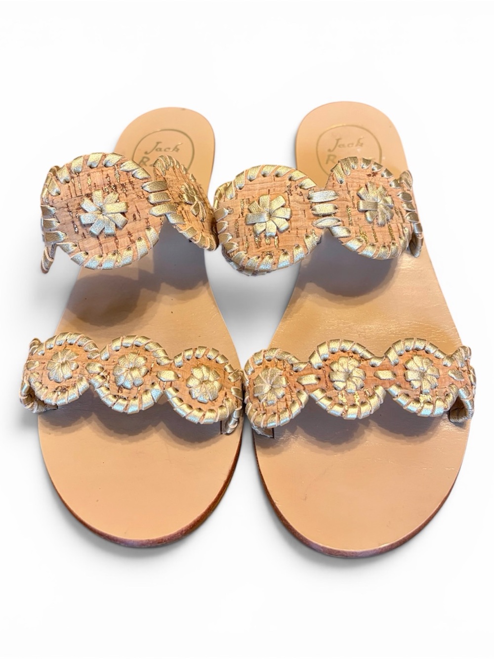 Jack Rogers Gold and Tan Scalloped Braided Slide Sandals - Women's